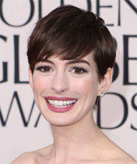 Anne Hathaway   Layered  Dark Mocha Brunette Pixie  Cut with Side Swept Bangs - Visual Story
