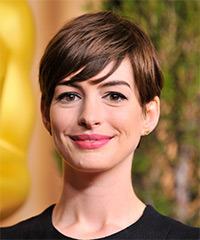 Anne Hathaway      Chocolate Brunette Pixie  Haircut with Side Swept Bangs