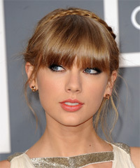 Taylor Swift  Long Straight   Dark Golden Blonde Braided Updo  with Blunt Cut Bangs - Visual Story