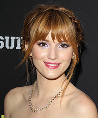 Bella Thorne  Long Straight   Light Copper Red  Updo  with Layered Bangs  and  Blonde Highlights- Visual Story