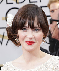 Zooey Deschanel  Long Curly   Dark Chocolate Brunette  Updo Hairstyle with Blunt Cut Bangs