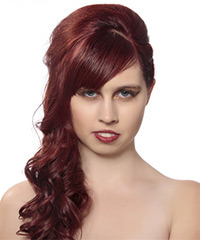 Long Fiery Red Braided Updo With Side Swept Bangs
