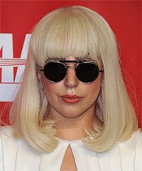 Lady GaGa Medium Straight   Light Honey Blonde   Hairstyle with Blunt Cut Bangs- Visual Story