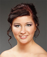 Burgundy Updo Hairstyle With Twists And Bangs