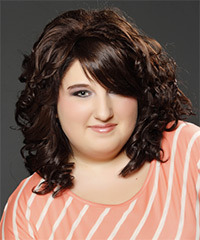 Mid-Length Mocha Hairstyle With Curtain Bangs And Tight Curls