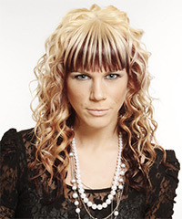  Long Curly   Light Mahogany Blonde   Hairstyle with Blunt Cut Bangs - Visual Story