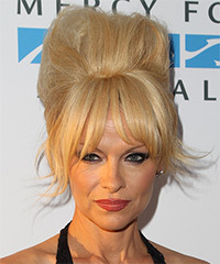 Pamela Anderson Long Straight    Honey Blonde  Updo  with Layered Bangs - Visual Story