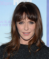 Katie Aselton Long Straight    Brunette   Hairstyle with Blunt Cut Bangs - Visual Story