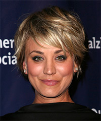 Kaley Cuoco Short Straight   Dark Blonde   Hairstyle with Side Swept Bangs  and Light Blonde Highlights- Visual Story