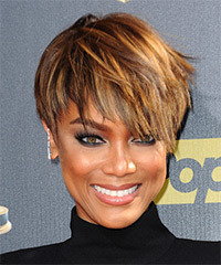 Tyra Banks   Layered   Golden Brunette Pixie  Cut   with  Blonde Highlights- Visual Story