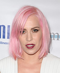 Natasha Bedingfield Medium Straight Layered Pink Bob Haircut with Side ...