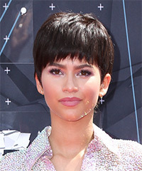 Zendaya Coleman   Layered   Chocolate Brunette Pixie  Haircut with Razor Cut Bangs