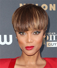 Tyra Banks Short Straight    Chocolate Brunette   Hairstyle with Blunt Cut Bangs  and Dark Blonde Highlights- Visual Story