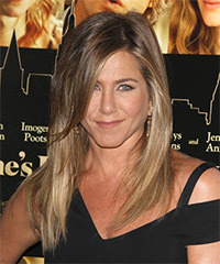 Jennifer Aniston Long Straight   Light Caramel Brunette and Dark Blonde Two-Tone   Hairstyle with Side Swept Bangs