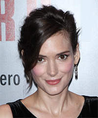 Winona Ryder Long Straight Dark Brunette Updo Hairstyle with Side Swept ...