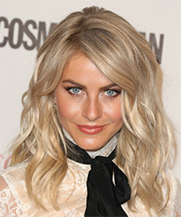 Julianne Hough Long Wavy    Champagne Blonde   Hairstyle with Side Swept Bangs  and Light Blonde Highlights- Visual Story