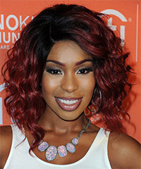 Porscha Coleman Medium Wavy Layered  Dark Red Bob  Haircut