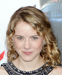 Laura Wiggins Medium Curly   Dark Honey Blonde   Hairstyle with Side Swept Bangs  and Light Blonde Highlights