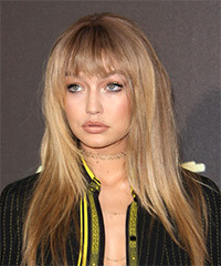 Gigi Hadid Chic And Shaggy Hairstyle Long Straight   Dark Honey Blonde Shag  Hairstyle with Blunt Cut Bangs