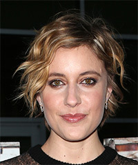 Greta Gerwig Short Wavy   Dark Blonde Shag  Hairstyle with Side Swept Bangs  and Light Blonde Highlights