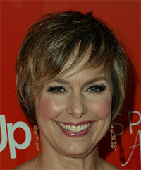 Melora Hardin     Light Golden Brunette Pixie  Haircut with Razor Cut Bangs  and Dark Blonde Highlights