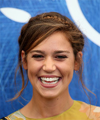 Matilda Lutz Long Straight    Brunette Braided Updo  with Side Swept Bangs - Visual Story
