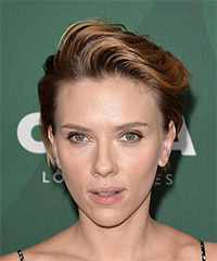 Scarlett Johansson     Dark Golden Blonde Pixie  Haircut with Side Swept Bangs