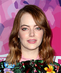 Emma Stone Medium Wavy   Dark Copper Red Bob  Haircut with Side Swept Bangs