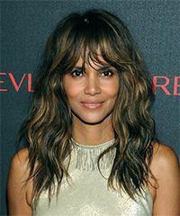 Halle Berry Long Wavy    Brunette   Hairstyle with Layered Bangs - Visual Story