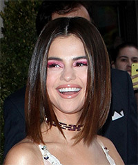 Selena Gomez Medium Straight   Dark Brunette Bob  Haircut  - Visual Story