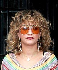 Rita Ora Medium Curly   Light Brunette Shag  Hairstyle with Layered Bangs