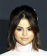 Selena Gomez Medium Straight   Dark Brunette  Half Up Hairstyle  - Visual Story