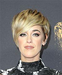 Lauren Morelli      Golden Blonde Pixie  Haircut with Side Swept Bangs