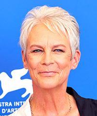 Jamie Lee Curtis     Light Grey Pixie  Cut with Layered Bangs - Visual Story