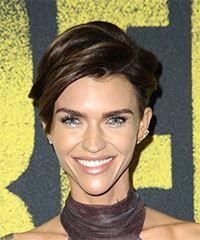 Ruby Rose     Dark Brunette Pixie  Cut with Side Swept Bangs - Visual Story