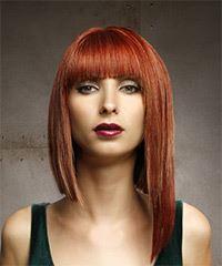  Medium Straight    Red Asymmetrical  Hairstyle with Blunt Cut Bangs - Visual Story