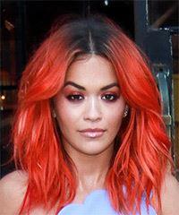 Rita Ora Medium Wavy    Bright Red   Hairstyle- Visual Story