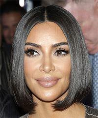 Kim Kardashian Short Straight   Black  Bob  Haircut with Blunt Cut Bangs - Visual Story