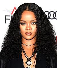 Rihanna Long Curly   Black    Hairstyle with Layered Bangs - Visual Story