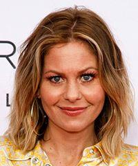 Candace Cameron Medium Straight Layered   Brunette Bob  Haircut   with Light Blonde Highlights- Visual Story