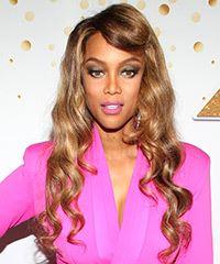 Tyra Banks Long Curly    Brunette   Hairstyle   with Light Brunette Highlights- Visual Story