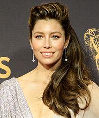 Jessica Biel Long Wavy   Dark Brunette  Half Up Half Down Hairstyle   with Light Brunette Highlights- Visual Story