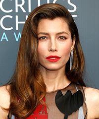 Jessica Biel Long Straight    Brunette   Hairstyle with Side Swept Bangs  and Light Brunette Highlights- Visual Story