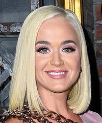 Katy Perry Medium Straight   Light Blonde Bob  Haircut with Side Swept Bangs - Visual Story