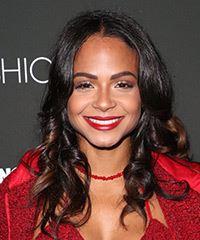 Christina Milian Long Wavy   Black Copper    Hairstyle with Layered Bangs - Visual Story