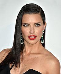Adriana Lima Long Straight   Black  Asymmetrical  Hairstyle with Side Swept Bangs - Visual Story