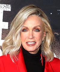 Donna Mills Medium Wavy Layered  Light Grey Bob  Haircut with Side Swept Bangs  and Light Blonde Highlights