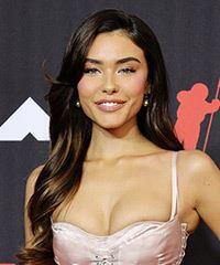 Madison Beer Long Wavy   Black    Hairstyle with Side Swept Bangs  and Light Brunette Highlights- Visual Story