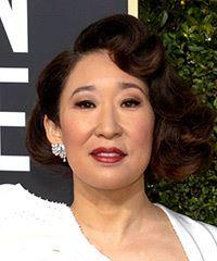 Sandra Oh Short Curly   Black  Bob  Haircut with Side Swept Bangs  and Dark Brunette Highlights