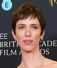 Rebecca Hall   Layered  Dark Brunette Pixie  Haircut   with Light Brunette Highlights- Visual Story